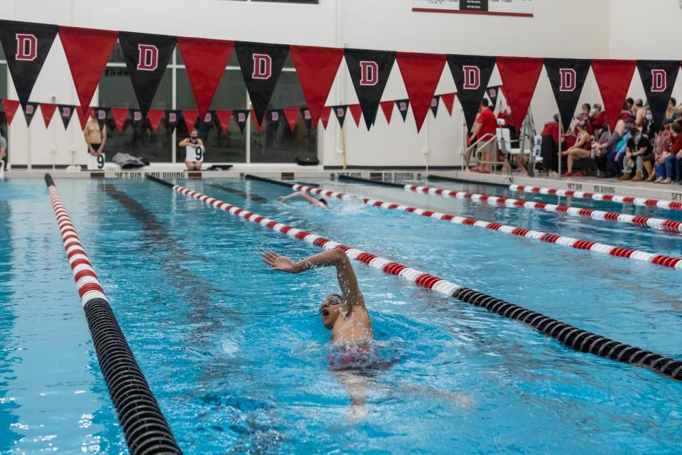 Durfee’s Yasin Mahmoud races down the pool in the 500 Freestyle on Tuesday against Martha’s Vineyard.