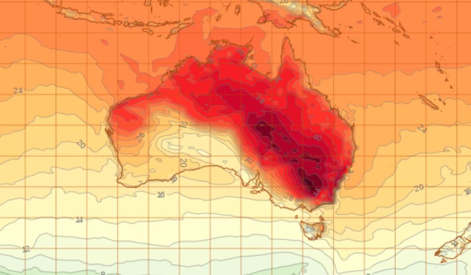 Pictured is a weather map of Australia with red spots in the southeast of the country indicating searing heat expected.