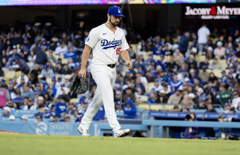 LOS ANGELES, CA - APRIL 14, 2024: Los Angeles Dodgers pitcher J.P. Feyereisen (45) leaves the game.