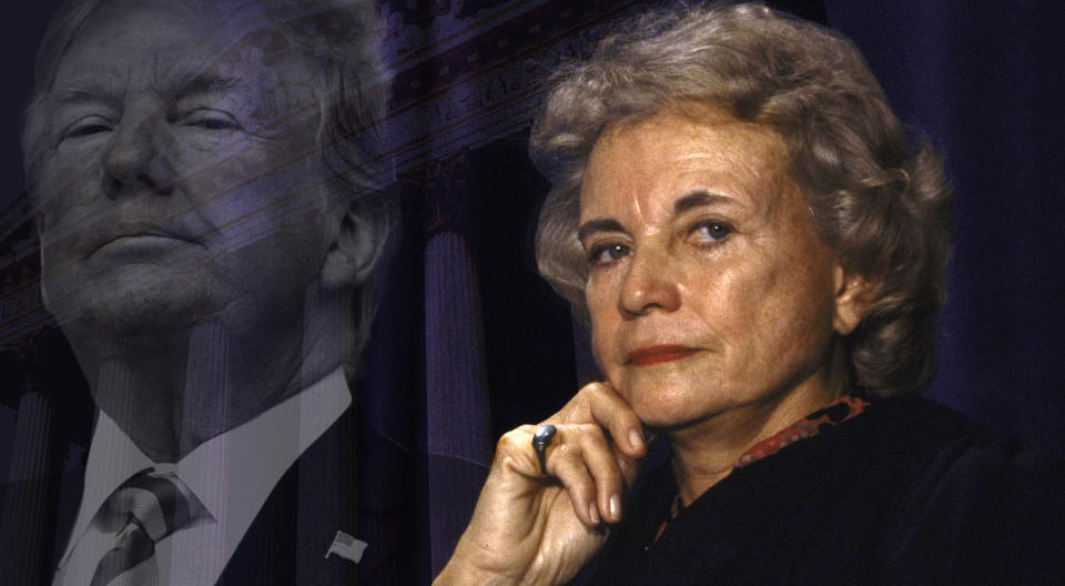 President Trump; Supreme Court Justice Sandra Day O'Connor in 1992. (Photo illustration: Yahoo News; photos: Evan Vucci/AP, Diana Walker//Time Life Pictures/Getty Images, Getty Images)