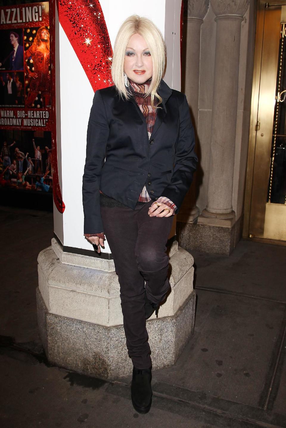 This Feb. 28, 2013 photo released by Starpix shows, Cyndi Lauper at the open house for the Upcoming Musical "Kinky Boots," featuring Music by Cyndi Lauper, at the Al Hirshfeld Theatre in New York. (AP Photo/Starpix, Kristina Bumphrey)