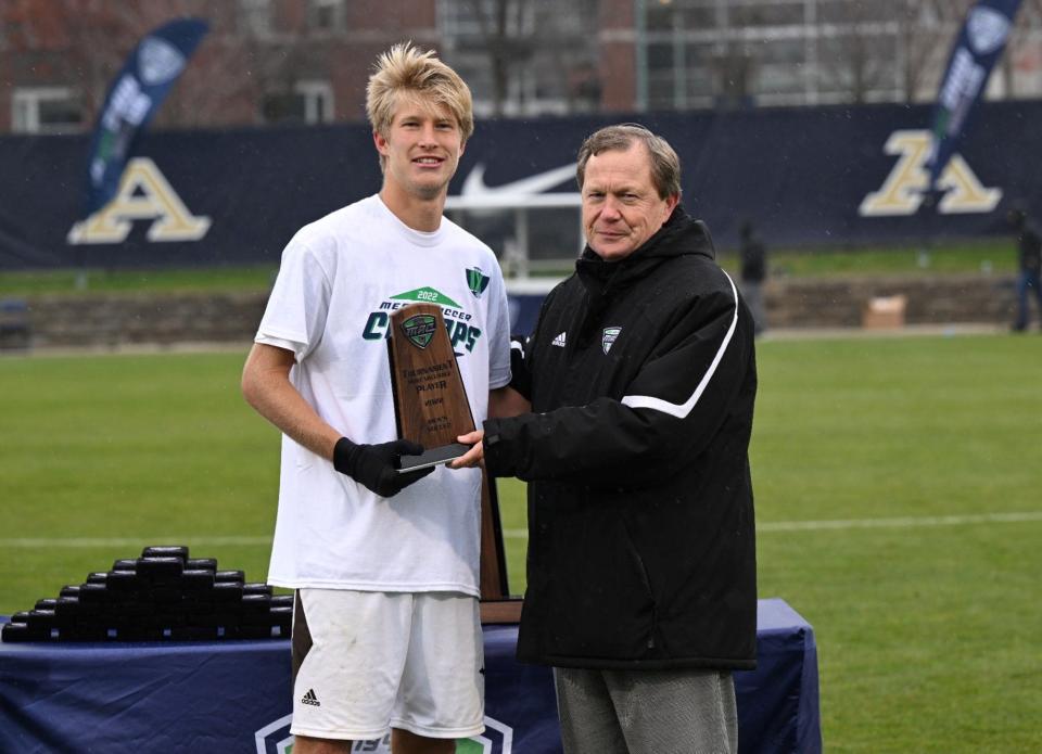 Brighton's Charlie Sharp was named Most Valuable Player of the Mid-American Conference soccer tournament after leading Western Michigan University to the championship.