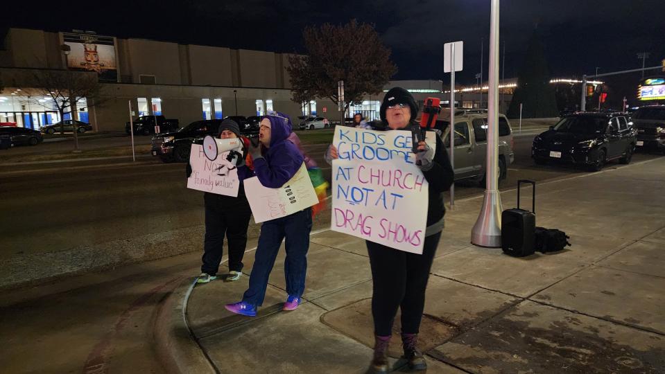 Supporters of the  Christmas drag show show up early to counter protests Tuesday outside of the Globe-News Center for the Performing Arts in downtown Amarillo.