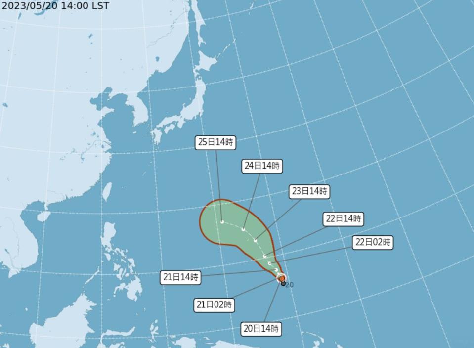 颱風瑪娃路徑潛勢預報圖。（圖取自中央氣象局網站）