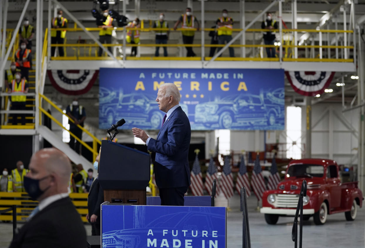 President Joe Biden speaks after a tour of the Ford Rouge EV Center, Tuesday, May 18, 2021, in Dearborn, Mich. (AP Photo/Evan Vucci)