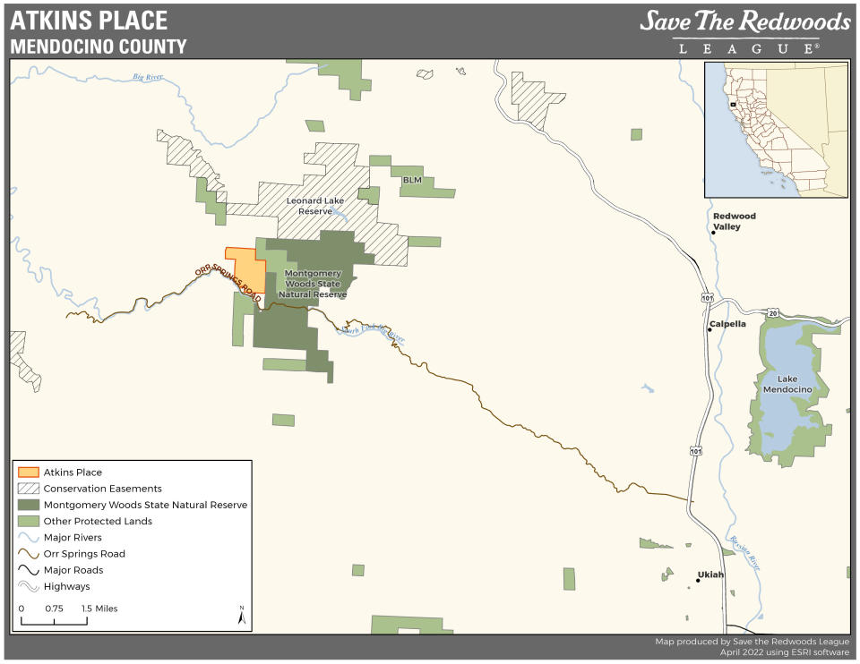 Map of Atkins Place, Medocino County, created by Save the Redwoods League.