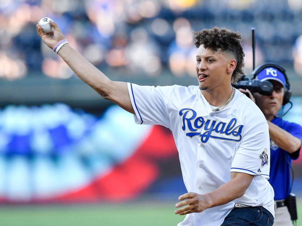 Patrick Mahomes throws out the first pitch at a Kansas City Royals game in 2018.