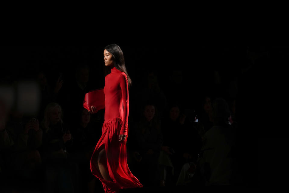 A model wears a creation as part of the Ferragamo women's Fall-Winter 2024-25 collection presented in Milan, Italy, Saturday, Feb. 24, 2024. (AP Photo/Luca Bruno)