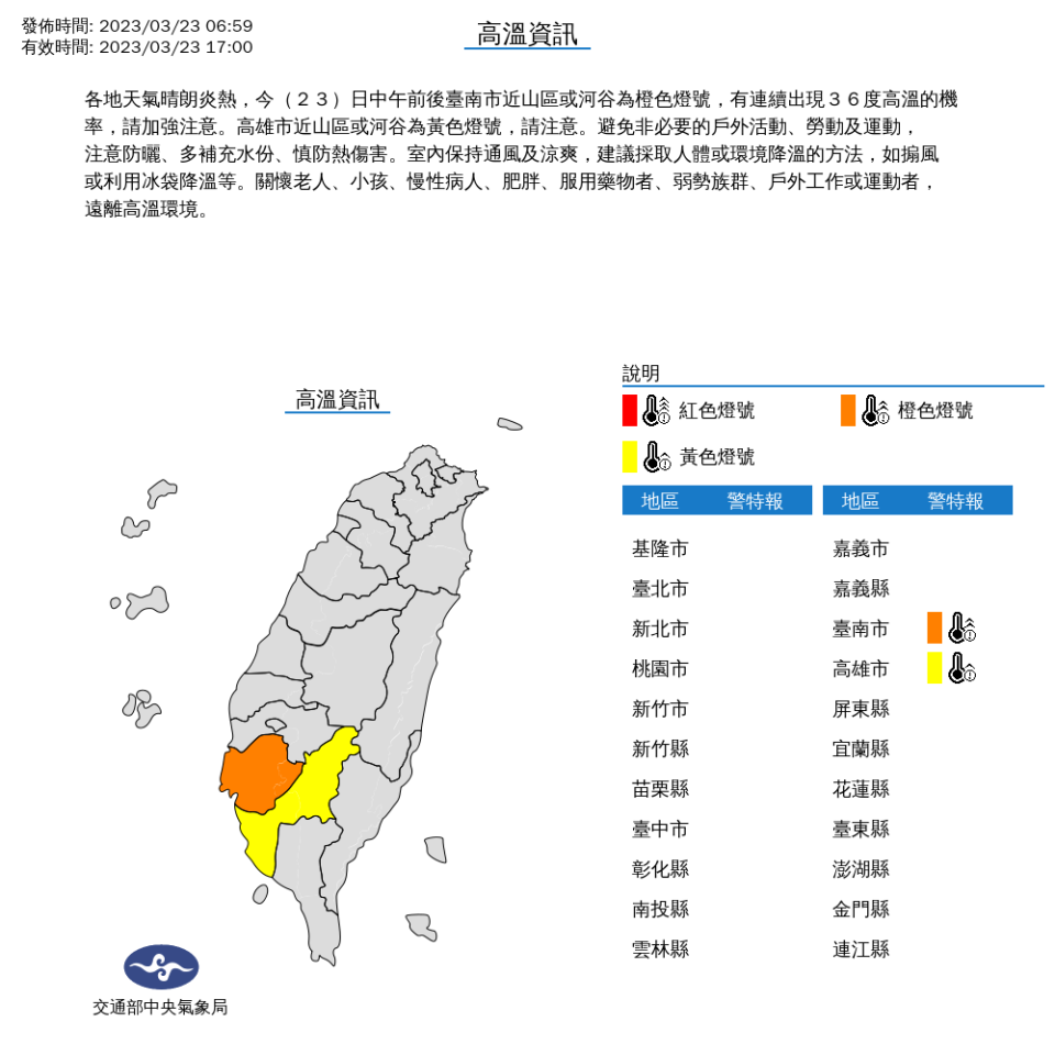 中央氣象局針對2縣市發布高溫特報。（圖片來源：中央氣象局）