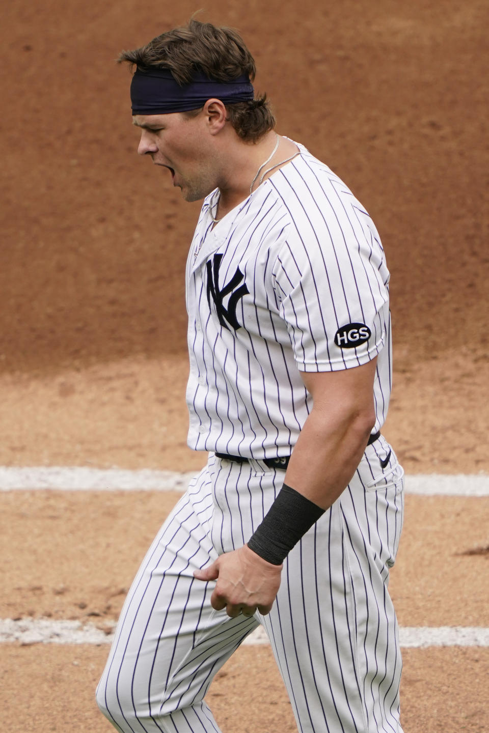 New York Yankees' Luke Voit reacts after flying out during the third inning of a baseball game against the Baltimore Orioles, Sunday, Sept. 13, 2020, at Yankee Stadium in New York. (AP Photo/Kathy Willens)