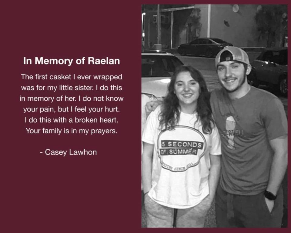 Casey Lawhon, right, started In Memory Casket Wraps in honor of her sister, Raelan Lawhon, who died unexpectedly in January. He’s offered to create wraps for the students who died in the Texas school shooting.