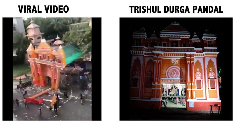 <div class="paragraphs"><p>Screengrab from viral video (L), Trishul Durga pandal (R). </p></div>