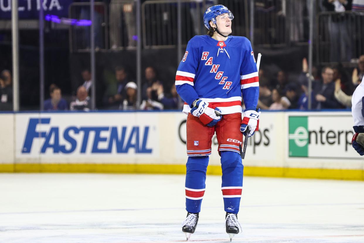 Apr 21, 2024; New York, New York, USA; New York Rangers center Matt Rempe (73) looks at the scoreboard after scoring a goal in the second period against the Washington Capitals in game one of the first round of the 2024 Stanley Cup Playoffs at Madison Square Garden.