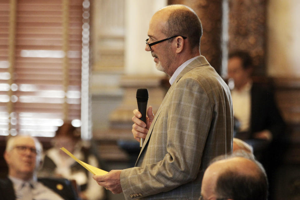 Kansas state Sen. Mark Steffen, R-Hutchinson, explains his vote in favor of a proposed ban on gender-affirming care for minors, Wednesday, March 27, 2024, at the Statehouse in Topeka, Kan. The measure has passed with the two-thirds majorities necessary to override an expected veto from Democratic Gov. Laura Kelly. (AP Photo/John Hanna)