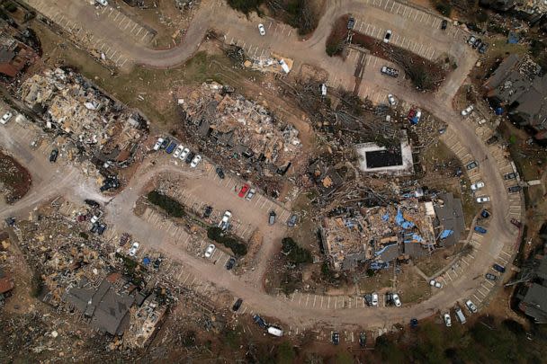 PHOTO: An aerial view Calais Apartments, in the aftermath of a tornado, after a monster storm system tore through the South and Midwest, in Little Rock, Ark., April 2, 2023. (Cheney Orr/Reuters)