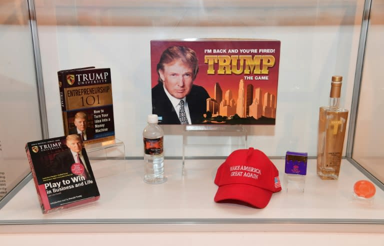 Donald Trump games, books, water, alcohol and other items are displayed at The Museum of Failure in Los Angeles