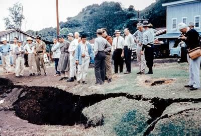 Large ground fractures in Kapoho village, caused by magma moving underground in January 1960
