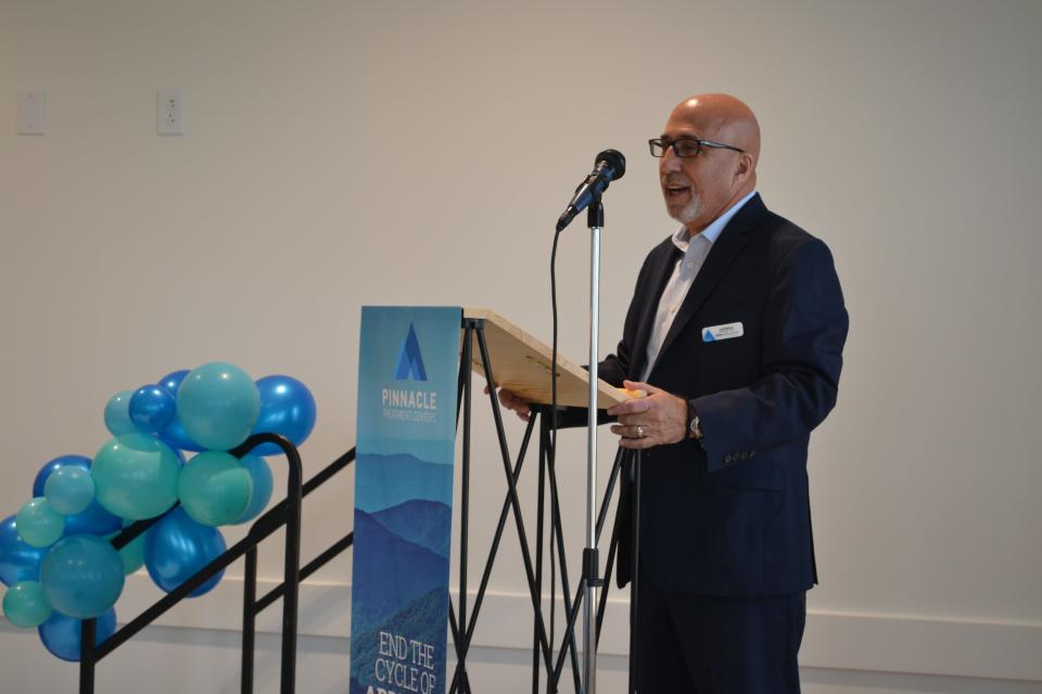 Joe Pritchard, Pinnacle Treatment Centers' Chief Executive Officer, addresses the crowd at a ribbon-cutting for Recovery Works Martinsville, a 64-bed drug treatment center.