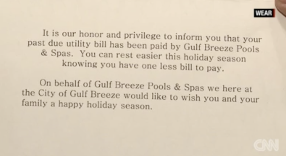 The city of Gulf Breeze, Fla., mailed notices to families whose utility bills have been paid for by generous donors. (Photo: Courtesy of CNN)