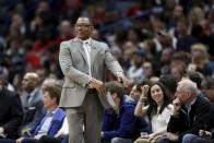 New Orleans Pelicans coach Alvin Gentry reacts to a call by an official during the second half of the team's NBA basketball game against the Cleveland Cavaliers in New Orleans, Friday, Feb. 28, 2020. (AP Photo/Rusty Costanza)