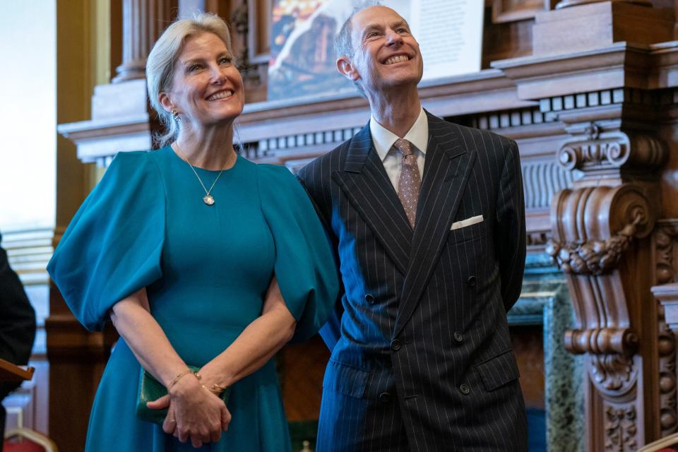 Prince Edward, Duke of Edinburgh and Sophie, Duchess of Edinburgh meet members of the Ukrainian community at the City Chambers in Edinburgh to mark one year since the city's formal response to the invasion of Ukraine on March 10, 2023 in Edinburgh, Scotland. King Charles III has handed his late father's title the Duke of Edinburgh to his brother Prince Edward, honouring the late Queen and Philip's wishes. Charles conferred the title on the former Earl of Wessex in celebration of his 59th birthday.