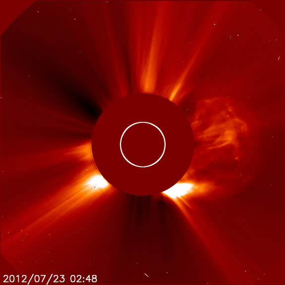 This image was captured by ESA and NASA's Solar and Heliospheric Observatory (SOHO) on July 22, 2012 at 10:48 p.m. EDT. On the right side, a cloud of solar material ejects from the sun in one of the fastest coronal mass ejections ever measured.