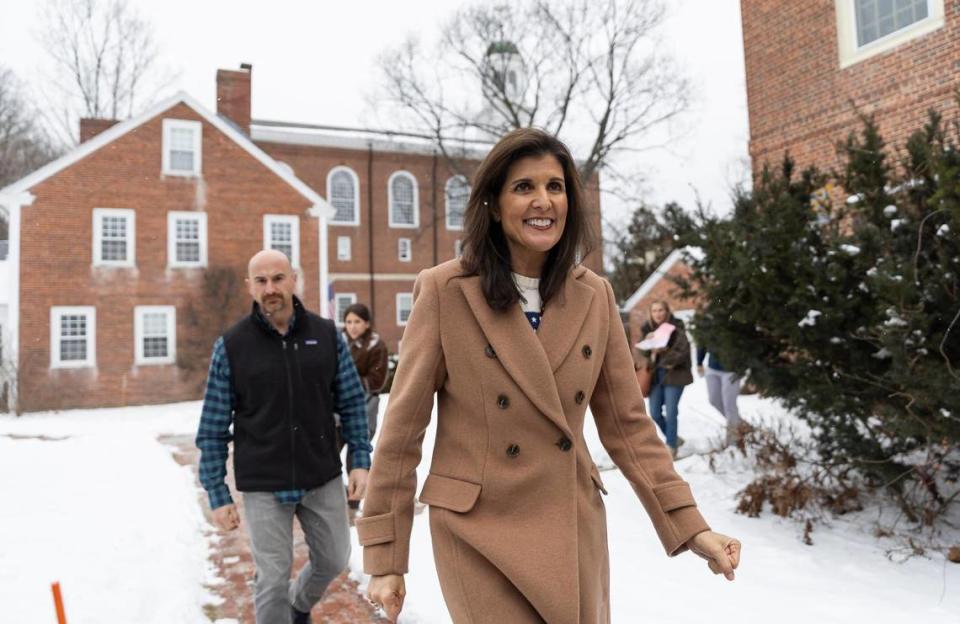 Former United Nations Ambassador Nikki Haley leaves the Peterborough Town Hall after speaking at a rally on Saturday, Jan. 20, 2024, in Peterborough, New Hampshire.