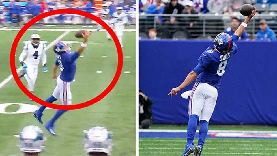 New York Giants quarterback Daniel Jones (pictured) catches a pass on a trick play against the Carolina Panthers at MetLife Stadium.