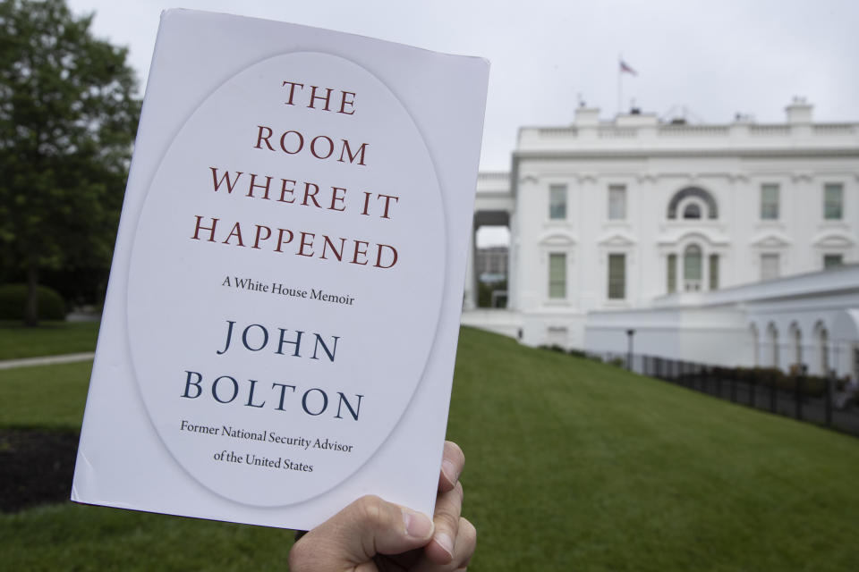 A copy of "The Room Where It Happened," by former national security adviser John Bolton, is photographed at the White House, Thursday, June 18, 2020, in Washington. (AP Photo/Alex Brandon)