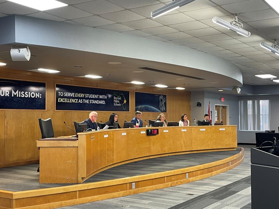 The Brevard County school board is pictured during April 2023 interviews with finalists to become the next district superintendent.