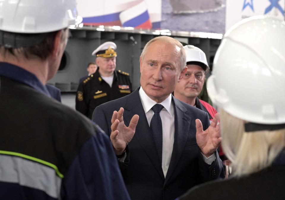 Russian President Vladimir Putin speaks to workers at the Zaliv shipyard in Kerch, Crimea, Monday, July 20, 2020. (Alexei Druzhinin, Sputnik, Kremlin Pool Photo via AP)