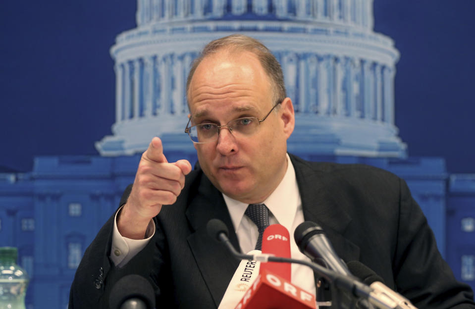 Marshal Billingslea, U.S. President Donald Trump's special envoy for arms control on talks with Russia's Deputy Foreign Minister Sergei Ryabkov on nuclear arms control, informs the press in Vienna, Austria, Tuesday, June 23, 2020. (AP Photo/Ronald Zak)