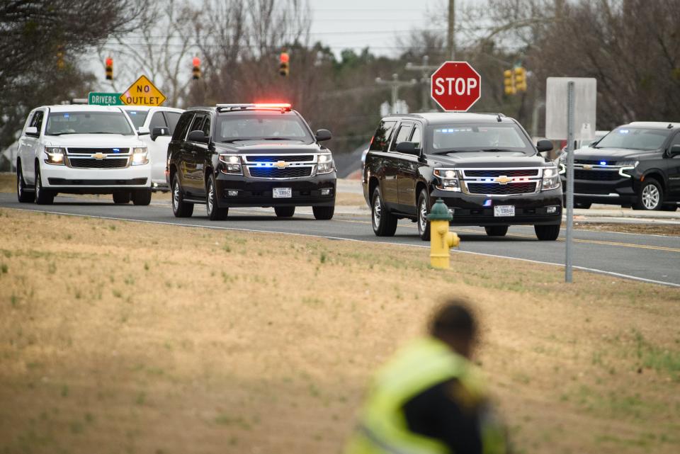 A motorcade carrying former President Donald Trump arrive at the celebration of life for Lynette "Diamond" Hardaway at Crown Theater on Saturday, Jan. 21, 2023.