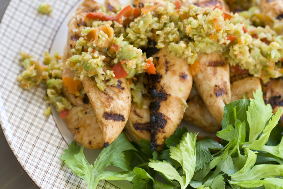 This Sept. 23, 2013 photo shows bloody mary chicken With olive-celery tapenade in Concord, N.H. (AP Photo/Matthew Mead)