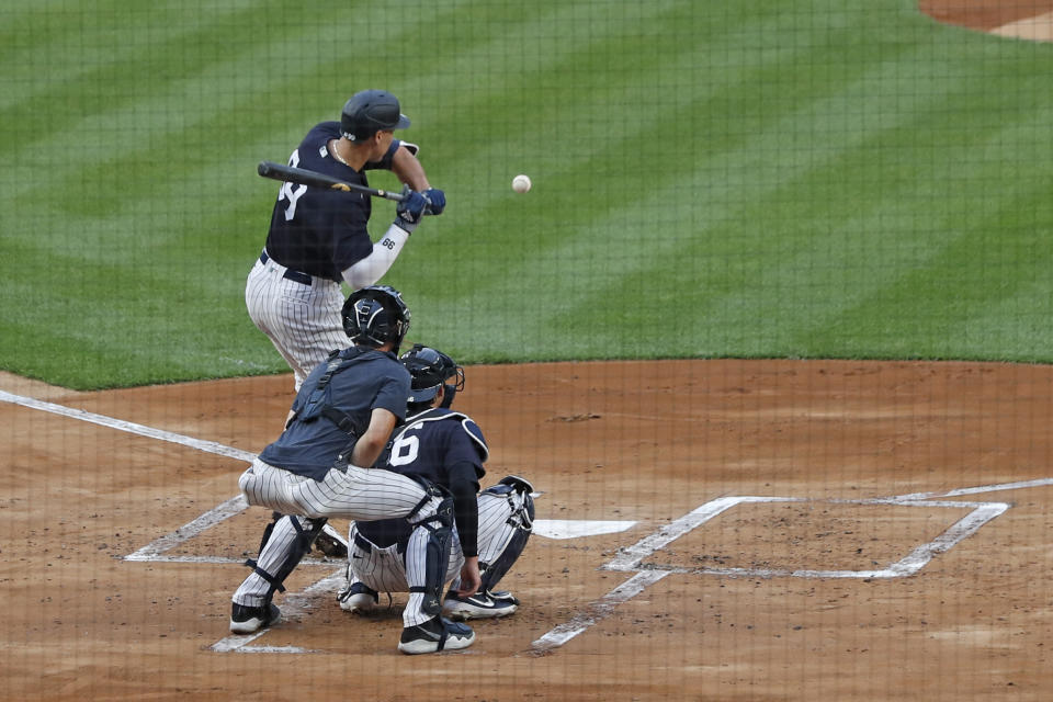 New York Yankees' Aaron Judge takes a pitch during an intrasquad baseball game Monday, July 6, 2020, at Yankee Stadium in New York. (AP Photo/Kathy Willens)