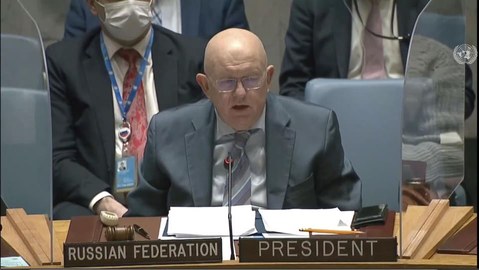 In this image made from UNTV video, Russia's Ambassador to the United Nations Vasily Nebenzya speaks during an emergency U.N. Security Council meeting on Ukraine, at the U.N. headquarters, Monday, Feb. 21, 2022. (UNTV via AP)