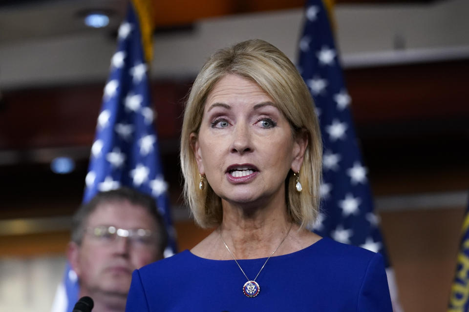 FILE - Rep. Mary Miller, R-Ill., speaks as Republican members of the House Second Amendment Caucus talk to reporters at the Capitol in Washington, June 8, 2022. Miller, is challenging five-term Rep. Rodney Davis in the Republican primary on Tuesday, June 28. (AP Photo/J. Scott Applewhite, File)