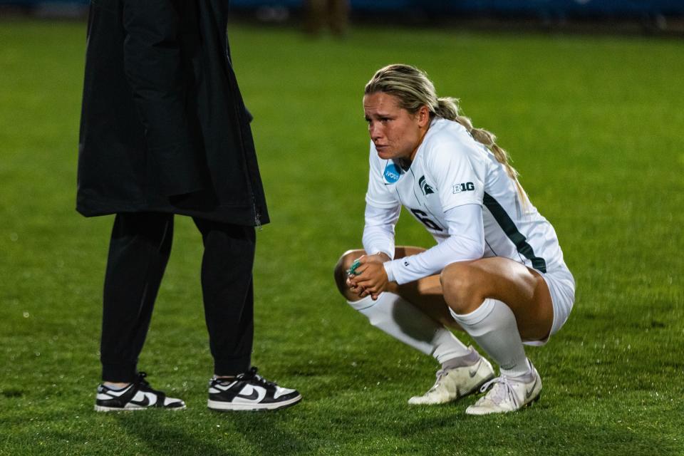 Michigan State forward MJ Andrus (6) mourns her team’s loss against Brigham Young University during the Sweet 16 round of the NCAA College Women’s Soccer Tournament at South Field in Provo on Saturday, Nov. 18, 2023. | Megan Nielsen, Deseret News