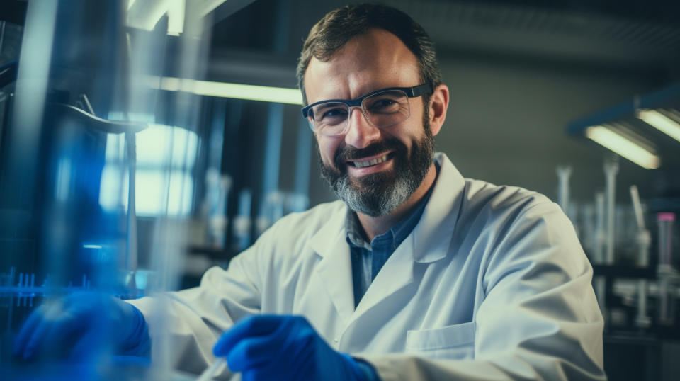 A scientist in a laboratory smiling with a test tube in hand, representing the company's research in biotechnology.
