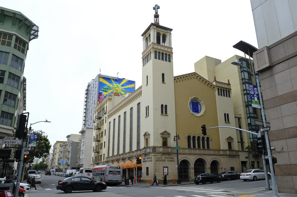 This Tuesday, Feb. 12, 2019 photo shows the exterior of the Glide Memorial United Methodist Church in San Francisco. The United Methodist Church officially opens its top legislative assembly Sunday, Feb. 24, 2019, for a high-stakes three-day meeting likely to determine whether America's second-largest Protestant denomination will fracture due to long-simmering divisions over same-sex marriage and the ordination of LGBT clergy. (AP Photo/Eric Risberg)