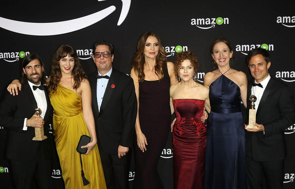 The cast of “Mozart in the Jungle” had plenty to celebrate at the Amazon Studios Golden Globes Party. (Photo: Getty Images)