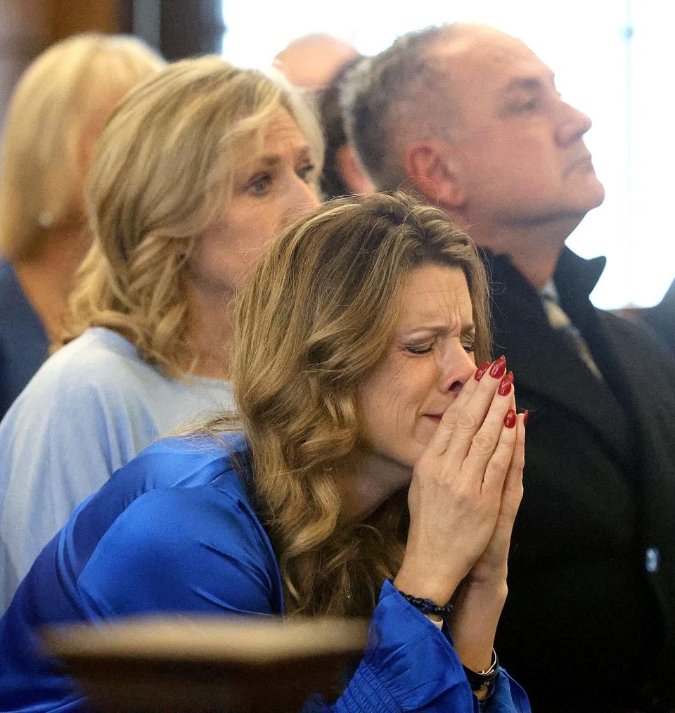 Cindy Chesna listens to Judge Beverly Cannone read a note from the jury saying it is deadlocked in the second trial of Emanuel Lopes, who is accused of murder the deaths of Weymouth police Sgt. Michael Chesna and Vera Adams. Monday, Feb. 12, 2024.