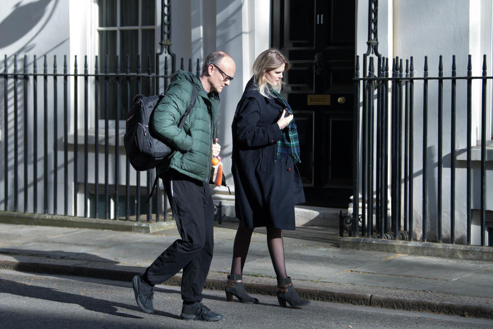 File photo dated 14/04/20 of Prime Minister Boris Johnson's controversial aide Dominic Cummings as he arrives in Downing Street with his assistant, Cleo Watson on his return to work for the first time since news that the aide was suffering from Coronavirus emerged. Questions were raised about his adherence to social distancing advice as he is photographed walking down Downing Street with fellow aide Cleo Watson.