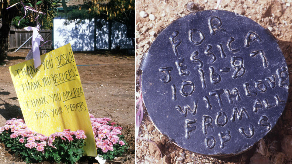 A makeshift memorial to Baby Jessica was set up near the well where she almost died (left) now the well is sealed with a permanent tribute to her (right). Source: Getty