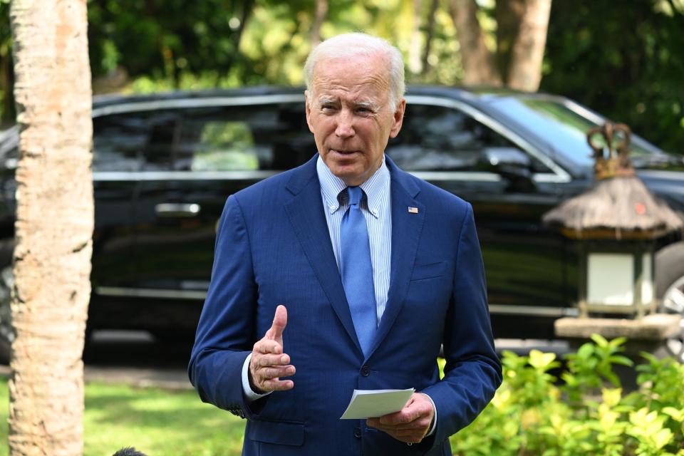 US President Joe Biden speaks about the situation in Poland following a meeting with G7 and European leaders on the sidelines of the G20 Summit in Nusa Dua on the Indonesian resort island of Bali on November 16, 2022. (Photo by SAUL LOEB / AFP) (Photo by SAUL LOEB/AFP via Getty Images)