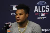 Houston Astros starting pitcher Framber Valdez responds to questions during a baseball news conference in Houston, Thursday, Oct. 14, 2021. The Astros host the Boston Red Sox in Game 1 of the American League Championship Series on Friday. (AP Photo/Tony Gutierrez)