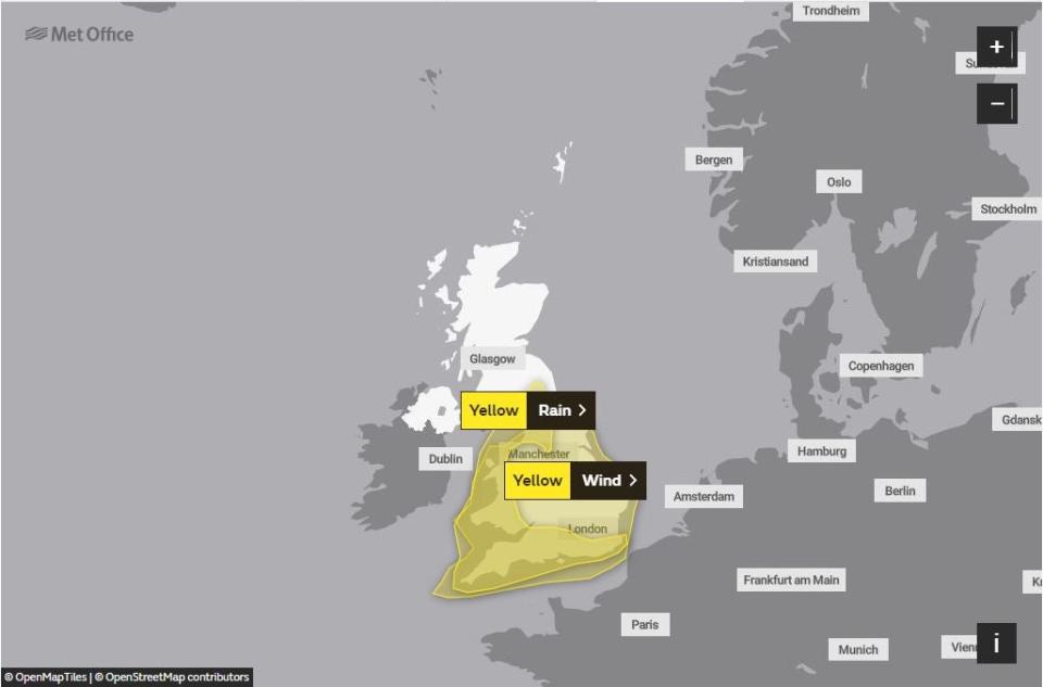 Saturday is covered by a yellow weather warning (Met Office)