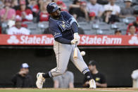 Tampa Bay Rays' Randy Arozarena hits a double against the Los Angeles Angels during the first inning of a baseball game in Anaheim, Calif., Tuesday, April 9, 2024. (AP Photo/Alex Gallardo)