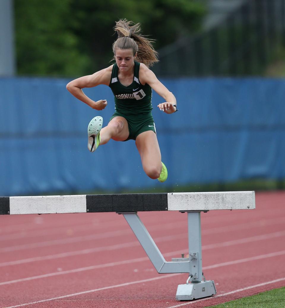 Cornwall's Karrie Baloga competes in the 2000 meter steeplechase during the Section 9 Track & Field state qualifier on June 2, 2023. 