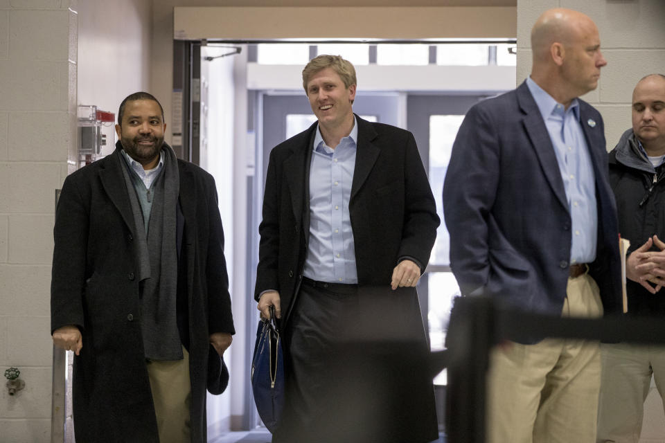 Vice President Mike Pence's Chief of Staff Nick Ayers, center, arrives for a news conference with President Donald Trump and Republican congressmen after participating in a Congressional Republican Leadership Retreat at Camp David, Md., Saturday, Jan. 6, 2018. A seasoned campaign veteran at age 36, Ayers is emerging as a leading contender to replace White House chief of staff John Kelly, whose departure has long been the subject of speculation. (AP Photo/Andrew Harnik)